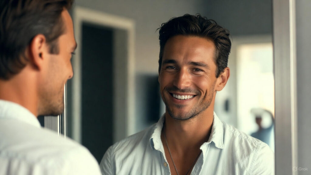 a man is seeing his face in mirror