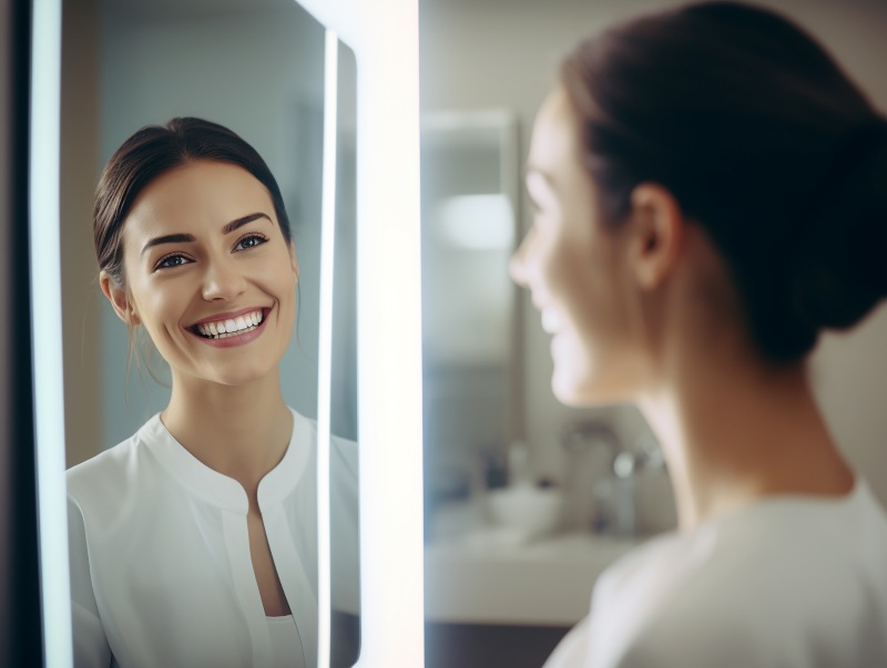 Woman smiling and checking her teeth in a mirror